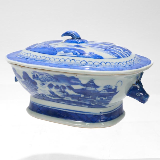 Antique Blue & White Canton Chinese Export Porcelain Miniature Sauce Tureen For Sale In Philadelphia - Image 6 of 12