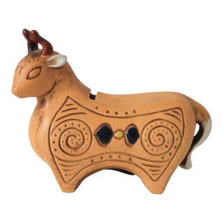 Vintage Ceramic Folk Art Bull Sculpture Coin Bank For Sale
