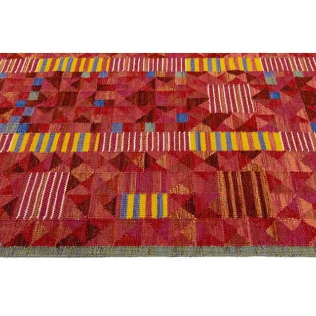 Textile Modern Scandinavian Red Kilim – Handmade Geometric Flatweave Wool 9x12 For Sale - Image 7 of 10