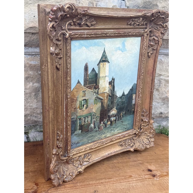 Antique European Village Street Scene Oil Painting | Signed L. Hughes | Ornate Gilt Frame For Sale - Image 6 of 10