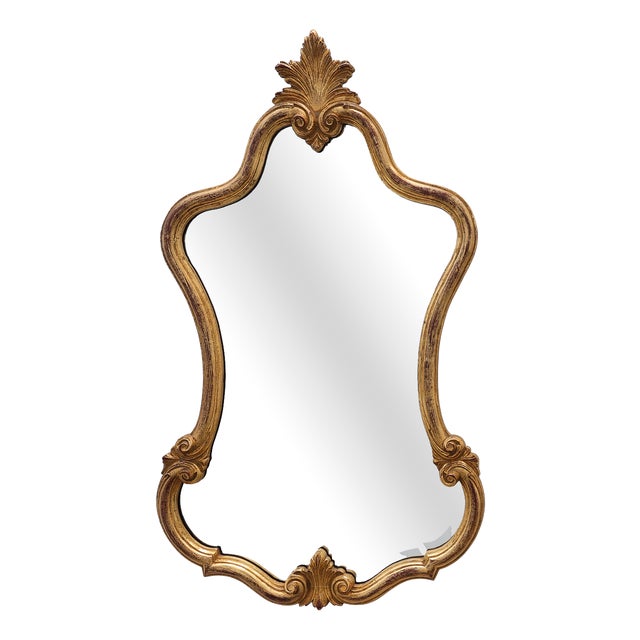 Florentine Style Giltwood Mirror with Acanthus Crest and Bevelled Glass, 1950s For Sale
