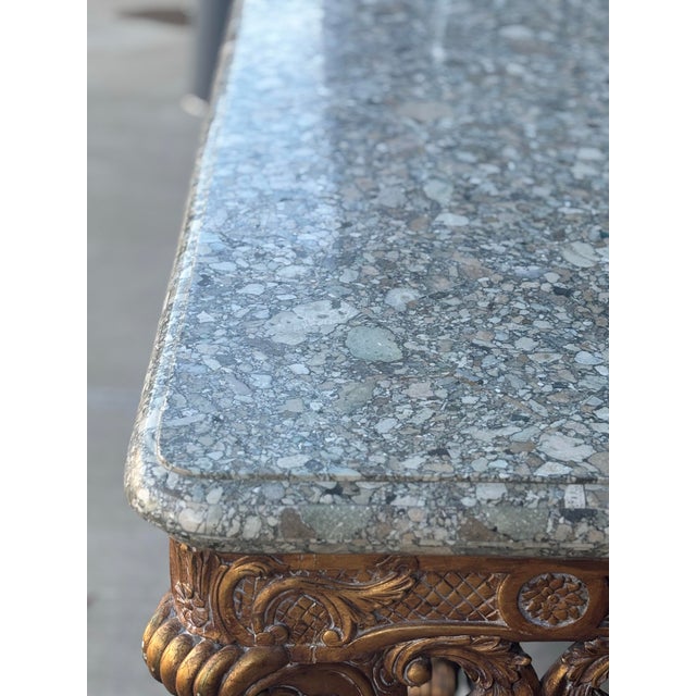 Gold Late 19th Century Louis XIV-style Gilded Wood and Grey Marble Top With King’s Faces Carved Console Table For Sale - Image 8 of 9