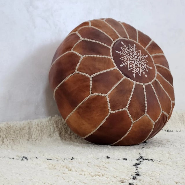 Boho Chic Handcrafted Moroccan Leather Pouf Cover – Rich Brown Ottoman, Genuine Goat Leather, Hand-Stitched Marrakech Artisan, Boho Chic Decor For Sale - Image 3 of 6