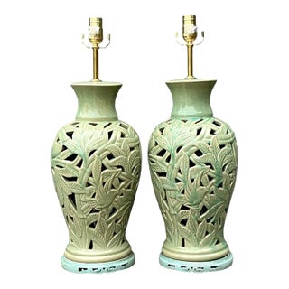 Vintage Cutout Green Ceramic Table Lamps - Pair For Sale