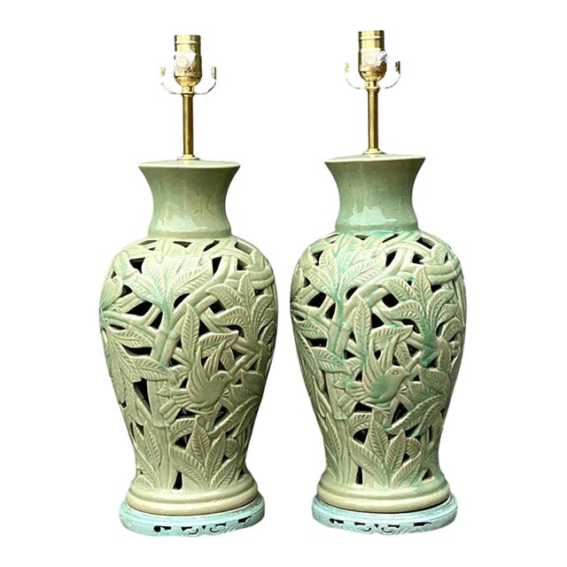 Vintage Cutout Green Ceramic Table Lamps - Pair For Sale
