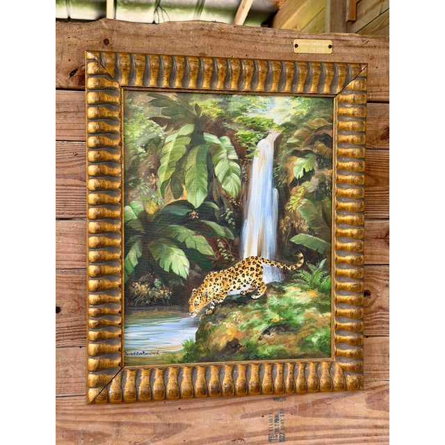 Signed Tropical Leopard Waterfall Acrylic Painting in Carved Gilt Wood Frame For Sale In Naples, FL - Image 6 of 12