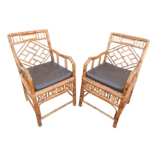 Pair of Chinese Chinoiserie Style Burnt Bamboo Armchairs For Sale