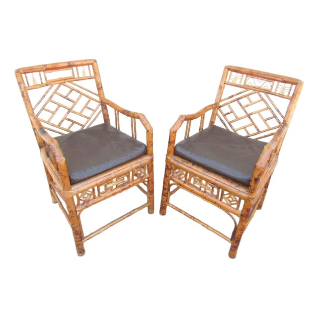 Pair of Chinese Chinoiserie Style Burnt Bamboo Armchairs For Sale