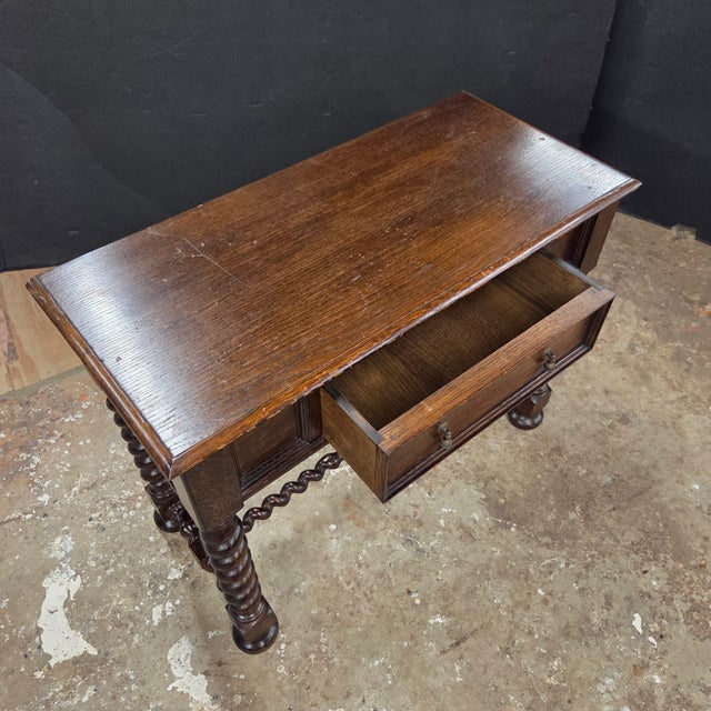 Late 19th Century English Oak Barley Twist Leg & Stretcher Side Table With Drawer For Sale - Image 16 of 18