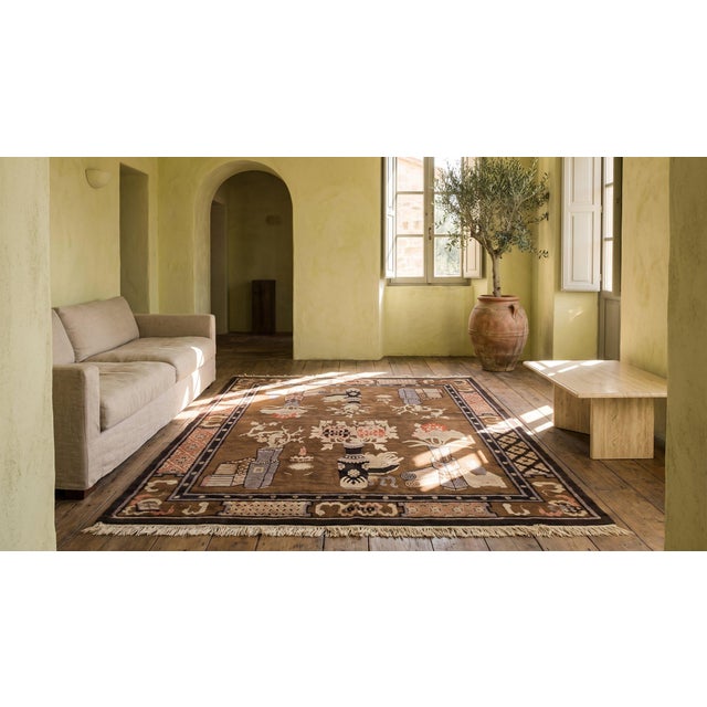1920s Brown Floral Vase Antique Chinese Bao Tou Rug 4' 2'' X 6' 6'' Knotted Wool Carpet For Sale - Image 12 of 12
