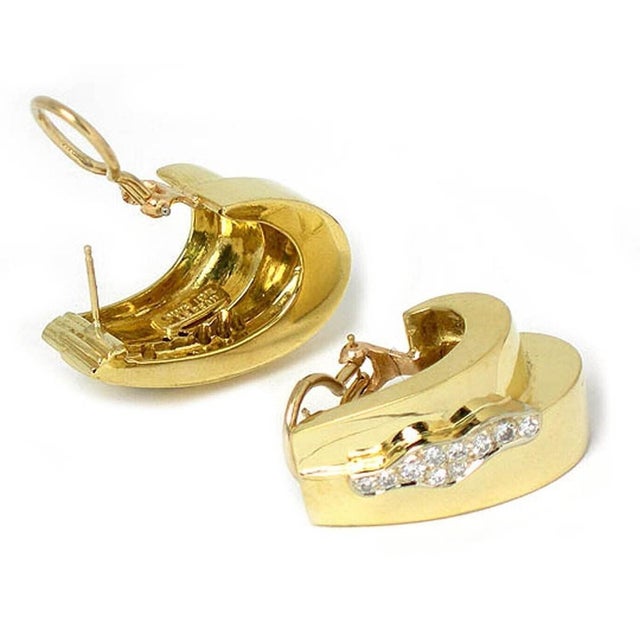 Contemporary Mid 20th Century Pair of Boris Lebeau Retro Diamond 18k Yellow Gold Double Oval Hoop Earrings For Sale - Image 3 of 4