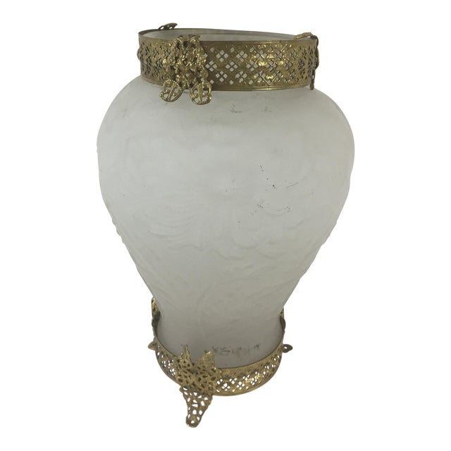 French 1940's Frosted Floral Glass Vase With Brass Setting For Sale