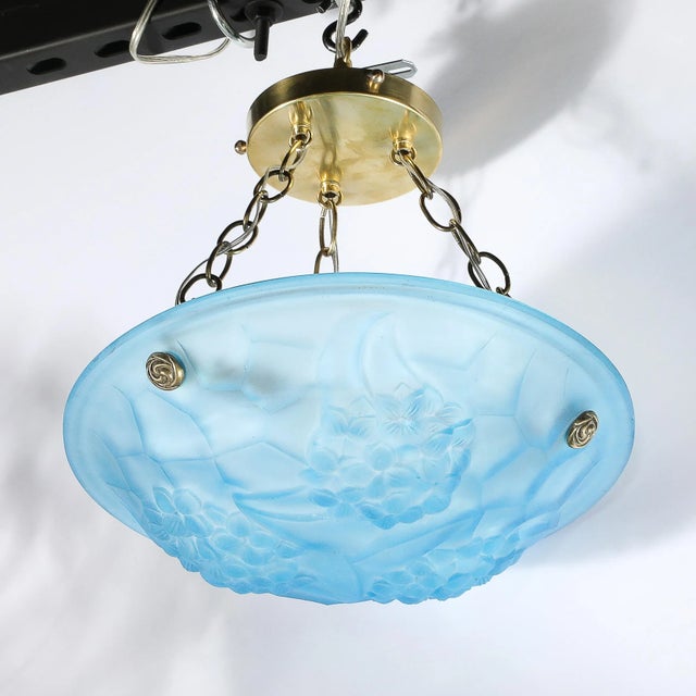 Art Deco Frosted Blue Glass Chandelier W/ Brass Fittings Signed Roc by Degué For Sale In New York - Image 6 of 12