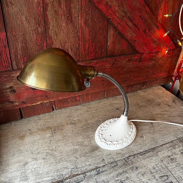 Vintage Adjustable Brass & Cast Iron Gooseneck Desk Lamp For Sale - Image 4 of 16