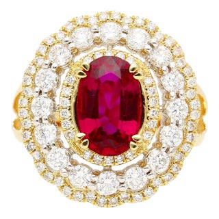 2.8 Carat Oval Thai Ruby & Diamond Halo Retro Wide Frame Ring For Sale