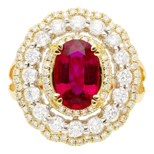 2.8 Carat Oval Thai Ruby & Diamond Halo Retro Wide Frame Ring