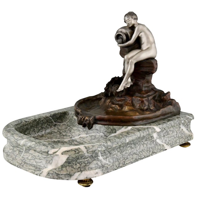 Art Nouveau Bronze Sculptural Tray or Indoor Fountain with Seated Nude Holding a Vase by Suzanne Bizard, France, 1900 For Sale