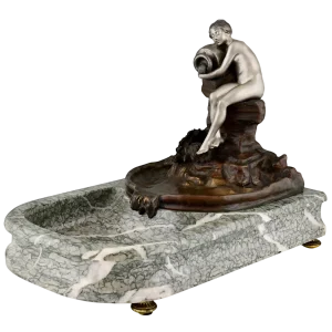 Art Nouveau Bronze Sculptural Tray or Indoor Fountain with Seated Nude Holding a Vase by Suzanne Bizard, France, 1900
