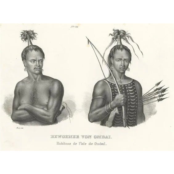 Schinz, Warriors from Ombai Island, Alor, Archipel, Indonesia, 1845, Print For Sale