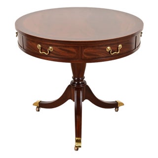 Baker Furniture Georgian Flame Mahogany Pedestal Drum Side Table or Tea Table, Newly Refinished For Sale