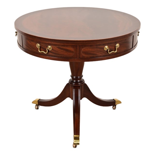Baker Furniture Georgian Flame Mahogany Pedestal Drum Side Table or Tea Table, Newly Refinished For Sale
