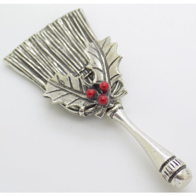 Vintage Italian Genuine Silver Christmas Lucky Broom Good Luck Holiday Miniature With Holly, Enameled Figurine Made in Tuscany For Sale - Image 4 of 12
