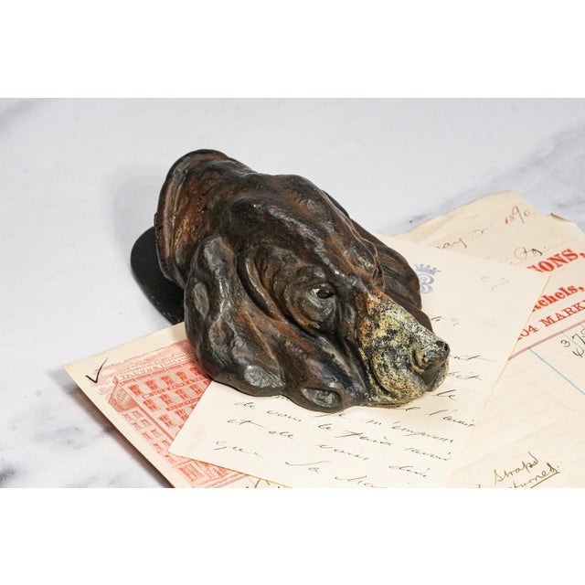 Traditional Whimsical Antique Cold Painted Bloodhound Dog Document Clip Desk Tidy Paper Holder English Country Home Decor For Sale - Image 3 of 12
