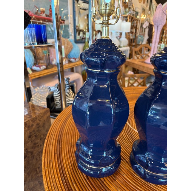 Vintage Palm Beach Pair of Cobalt Blue Ceramic Table Lamps Newly Wired - a Pair For Sale - Image 10 of 10