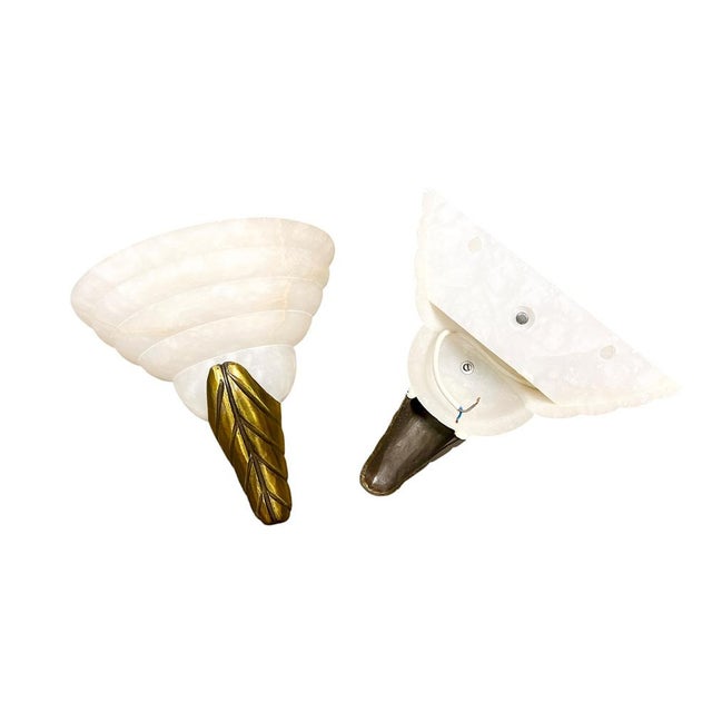 Goldenrod Art Deco Alabaster and Brass Leaf Sconces, 1970s, Set of 2 For Sale - Image 8 of 9