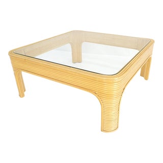 Blond Rattan Bamboo Rounded Corners Square Glass Top Coffee Table 1970's Frankl For Sale