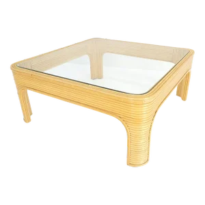 Blond Rattan Bamboo Rounded Corners Square Glass Top Coffee Table 1970's Frankl