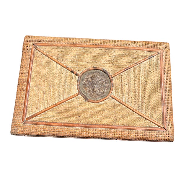 Mid-Century Modern Vintage Rattan and Wood Side Table With Decorative Brass Medallion For Sale - Image 3 of 9
