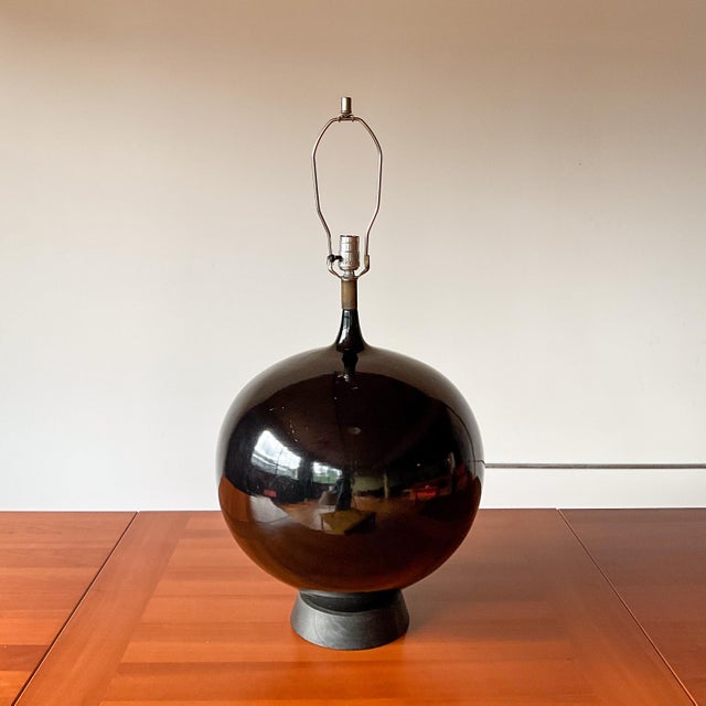 Mid 20th Century Mid 20th Century Mid Century Modern XL Black Ceramic and Walnut Sphere Table Lamp For Sale - Image 5 of 14