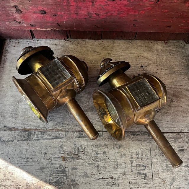 Pair of Antique Brass Carriage Lanterns With Glass Panels & Hinged Doors Vintage Home Decor or Restoration Pieces For Sale - Image 4 of 18