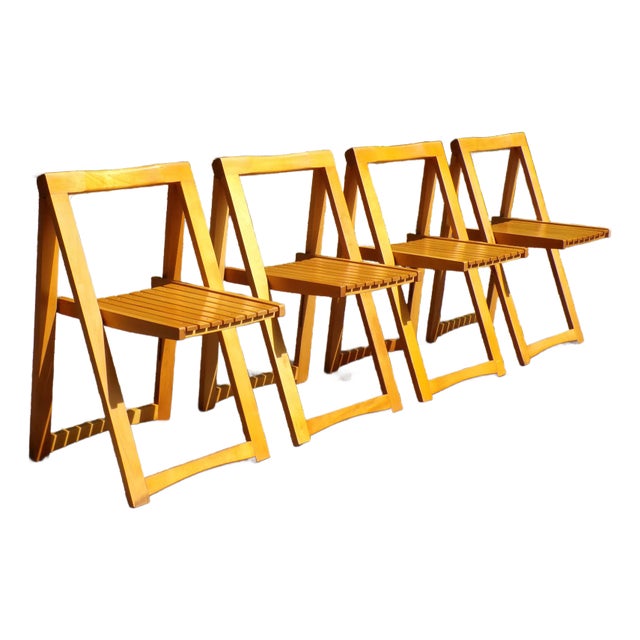 Vintage Mid Century Trieste Style Folding Slat Chairs Romania Aldo Jacober - Set 4 For Sale