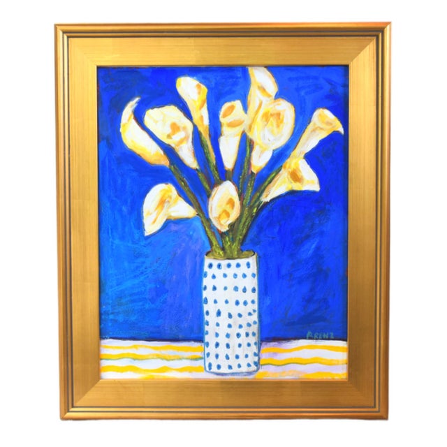 2020s Vase of Calla Lily Flowers by Ruth Arenz Including the Antiqued Gold Wood Frame For Sale - Image 5 of 5