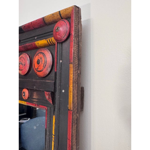 Vintage Tribal Folk Art Painted Wood Wall Mirror in Black, Red & Yellow For Sale - Image 11 of 13