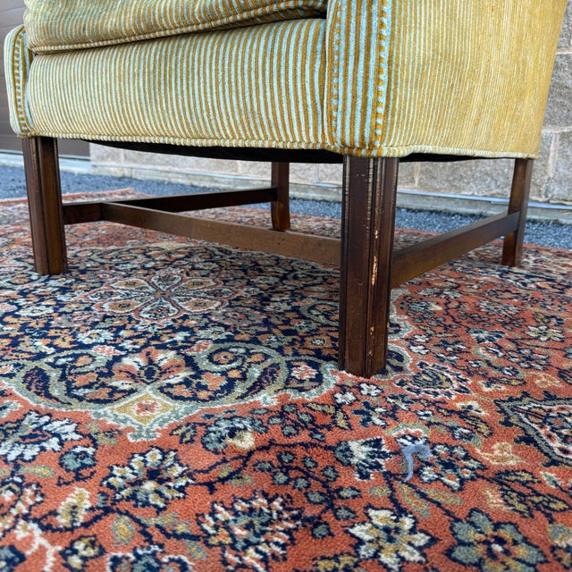 Late 20th Century Vintage Ethan Allen Traditional Chippendale Wingback Lounge Chair in Striped Olive Green For Sale - Image 5 of 17