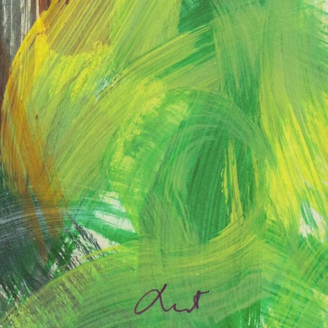 A lyrical, cabinet-size abstract comprising complex striated and overlapping pastel elements of aqua, chartreuse, saffron...