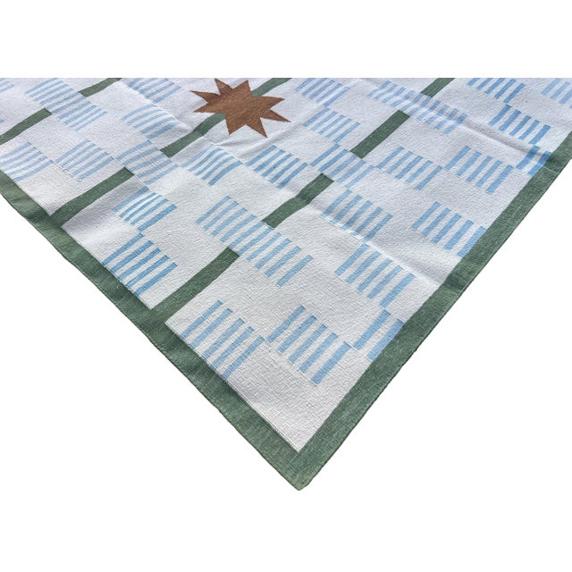 Casa Cosima Handmade Cotton Vegetable Dyed Area Rug, Cream, Sky Blue, Sage Green Star Dash Dhurrie-6x9 For Sale - Image 4 of 12