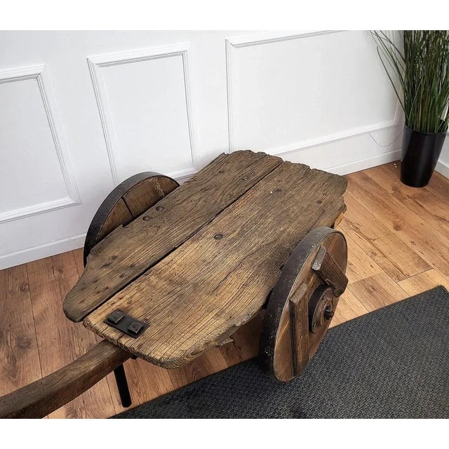 Primitive Rustic Minimal Italian Wrought Iron Wheels Bar Table in Wood, 1890s For Sale - Image 10 of 11