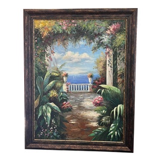 1990s Framed Hand Painted Canvas Art - Mediterranean Courtyard & Seascape - 44” X 56” For Sale