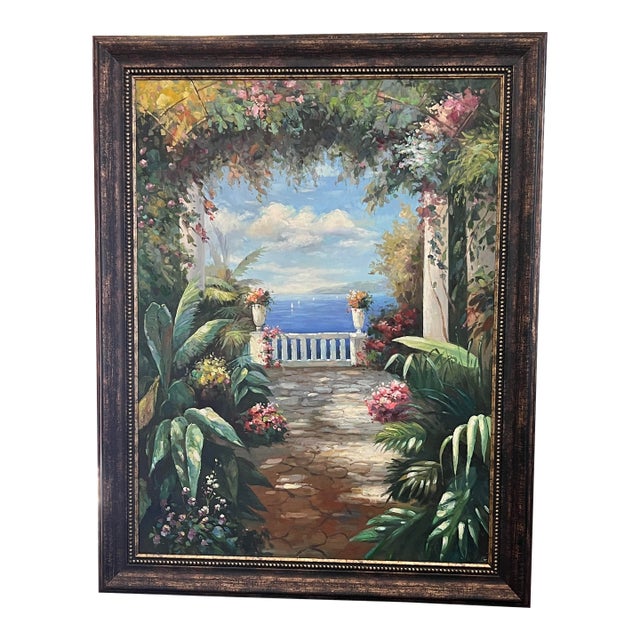 1990s Framed Hand Painted Canvas Art - Mediterranean Courtyard & Seascape - 44” X 56” For Sale