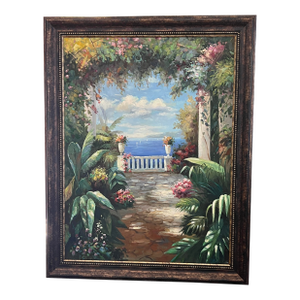 1990s Framed Hand Painted Canvas Art - Mediterranean Courtyard & Seascape - 44” X 56”