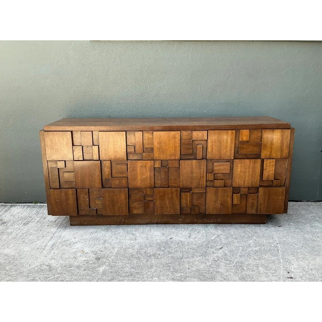Mid-Century Modern Vintage Lane Brutalist “Mosaics” Geometric Wood Credenza For Sale - Image 3 of 12