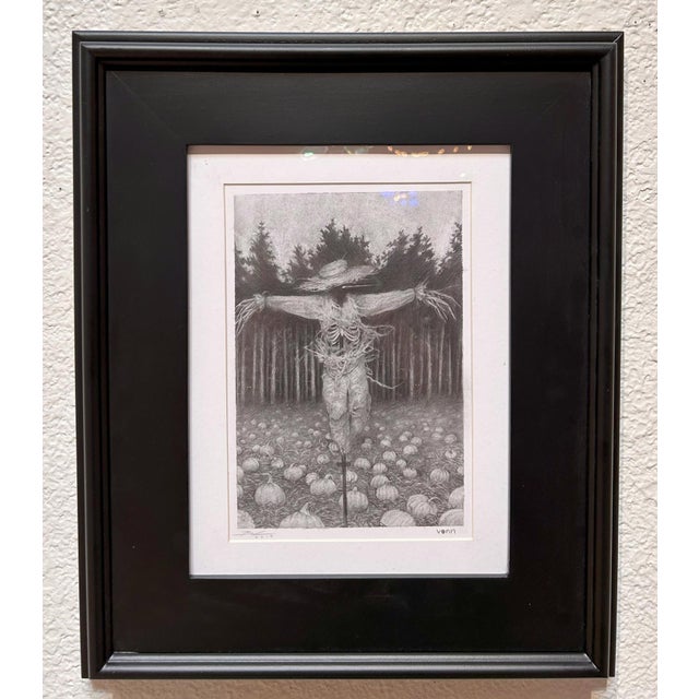 The artwork depicts a skeletal scarecrow looming over a field of pumpkins, set against a dense, shadowy forest backdrop....