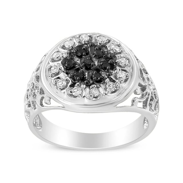 This distinguished cluster ring makes a bold fashion statement, rich with contrasting black and white diamond cluster...