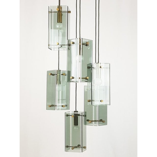 Italian Teak Pendant Lamp in Gilt Aluminum and Smoked Glass, 1960s For Sale - Image 11 of 17