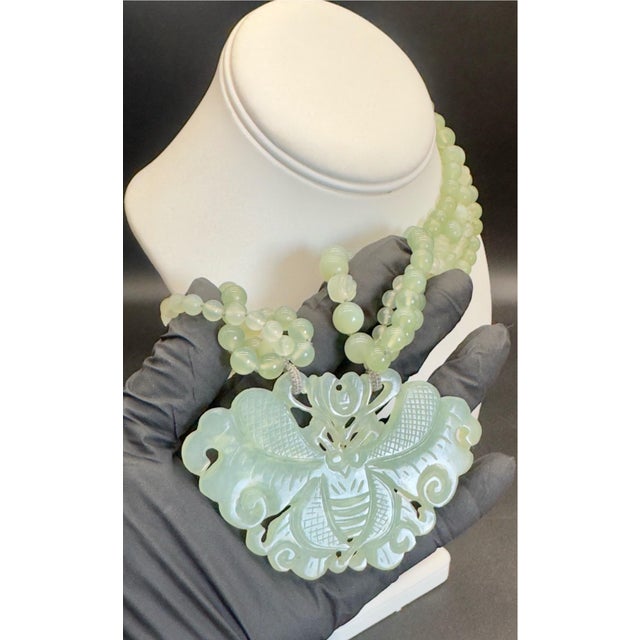 1970s 1970s Chinese Export Jadeite Moth Pendant Multi Strand Beaded Necklace For Sale - Image 5 of 17