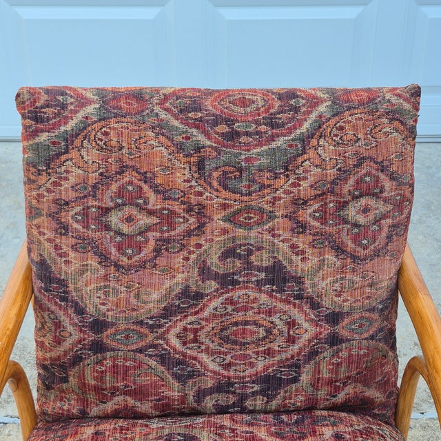 Ficks Reed 1960s Ficks Reed Style Pagoda Rattan Bamboo Lounge Chair Tapestry Covered Cushions For Sale - Image 4 of 12